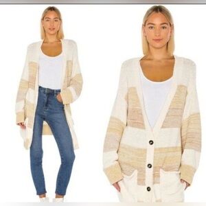 Free People Women Southport Beach Neutral Striped Oversized Cardigan S